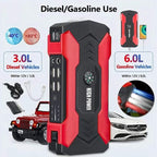 99800mah car jump starter with LED flashlight, USB ports, safety hammer, and compass for emergency car battery charging and outdoor use