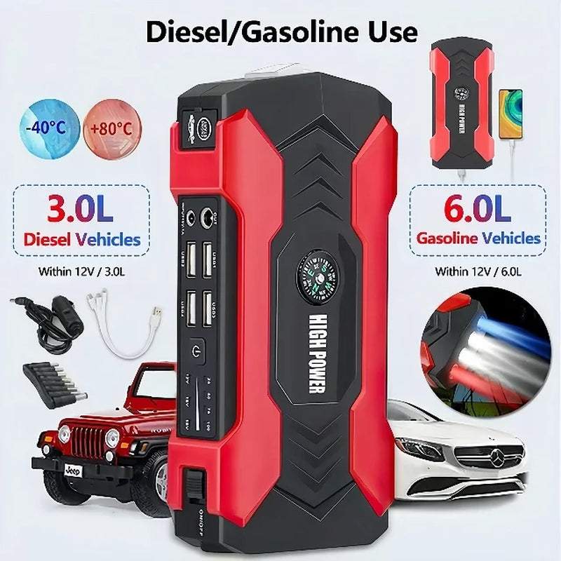 99800mah car jump starter with LED flashlight, USB ports, safety hammer, and compass for emergency car battery charging and outdoor use