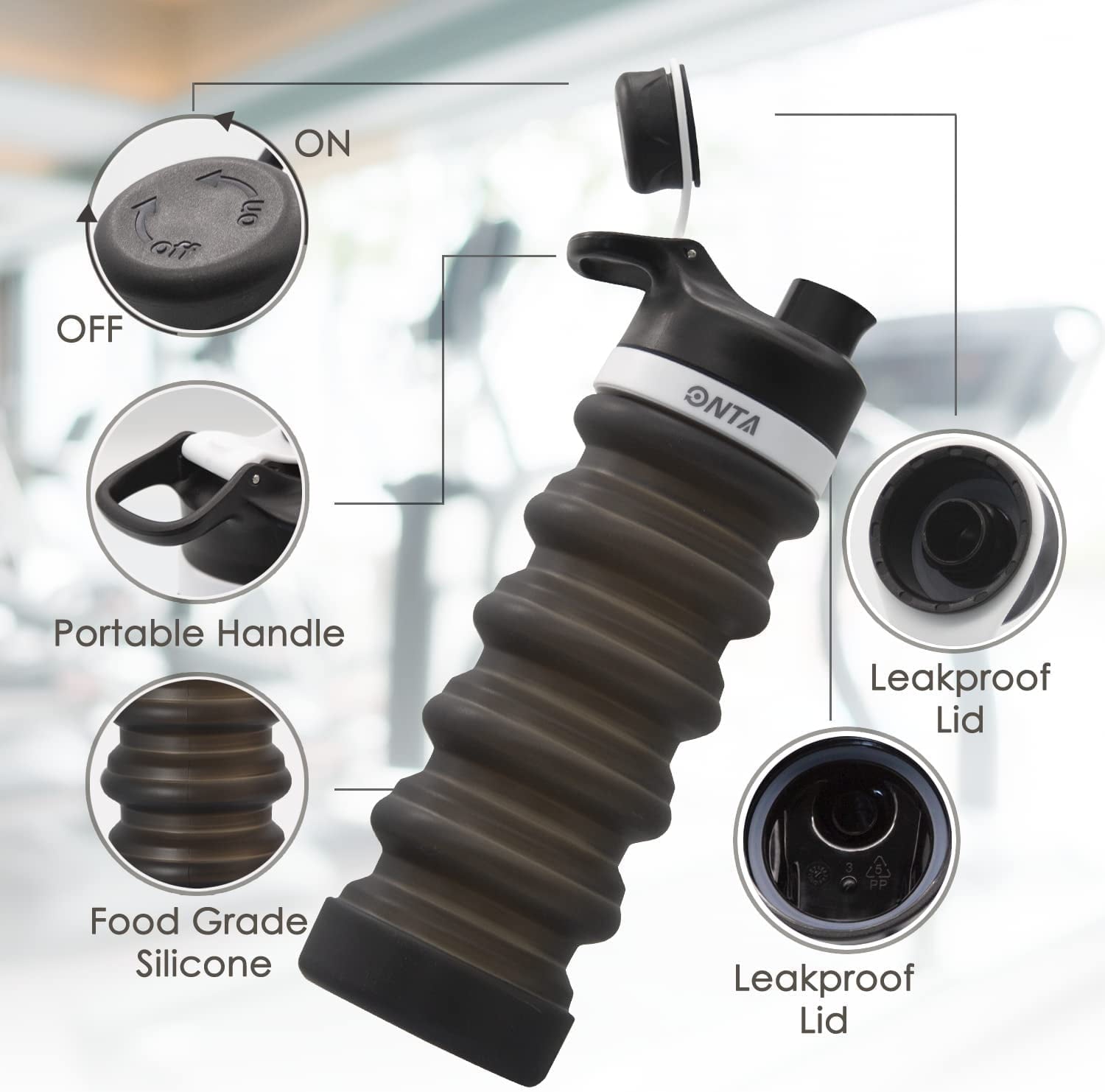 Collapsible Water Bottle- BPA Free Silicone Foldable Water Bottle for Travel,Silicone Portable Leak-Proof Travel Water Bottle 20Oz, Black