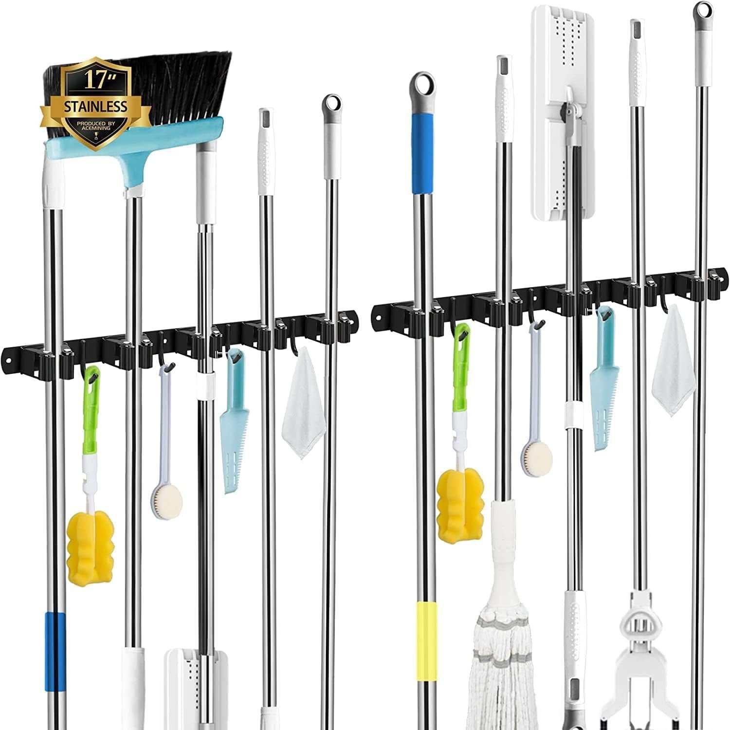 5 Racks and 4 Hooks Mop and Broom Holder Wall Mount, Broom Organizer Storage Tool Racks Stainless Steel Heavy Duty Hooks Self Adhesive Solid Non-Slip for Home Kitchen Garden Laundry Garage