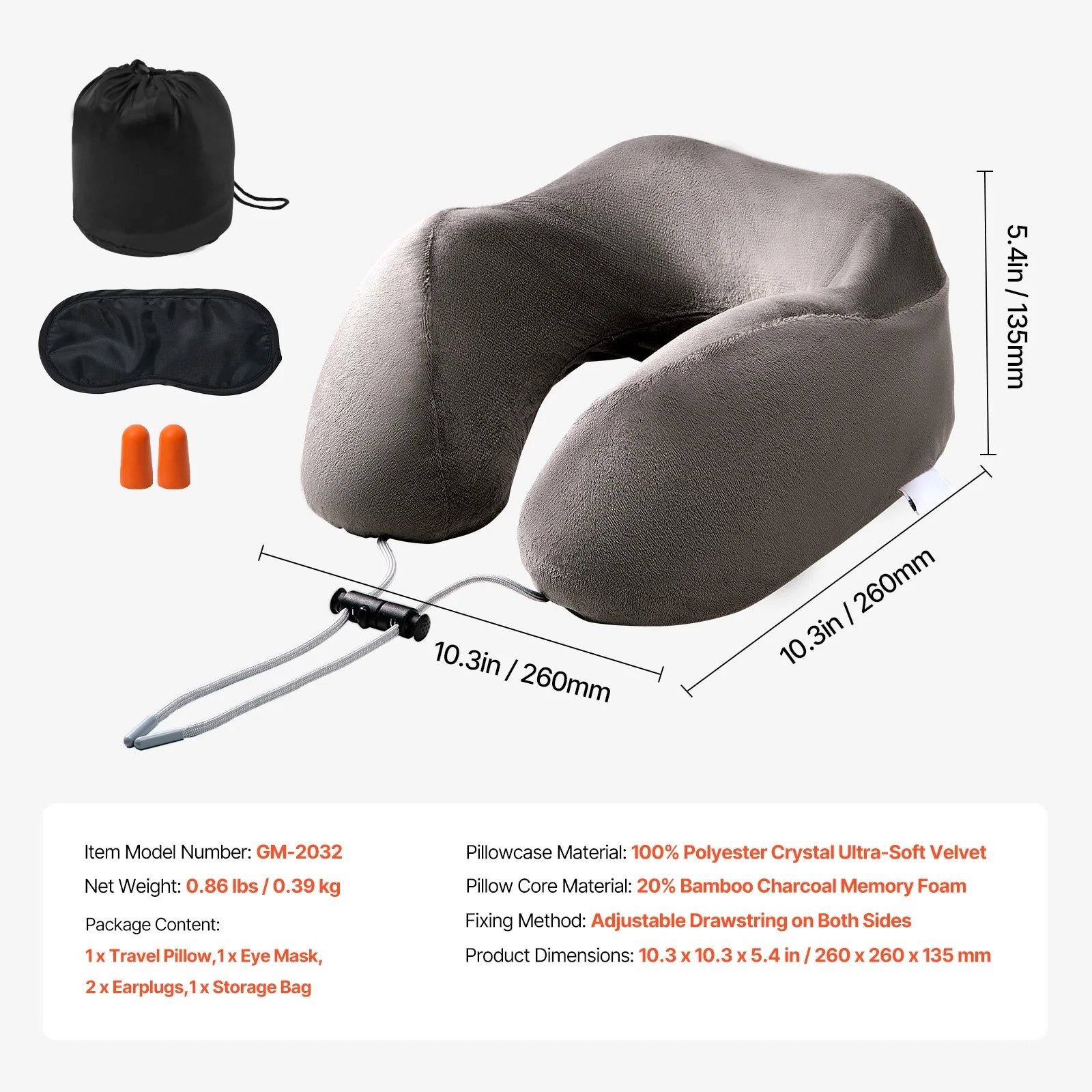 Journey Cushion, Neck Support for Trips, Enhanced Bamboo Charcoal Memory Foam Neck Cushion with Sleep Mask, Ear Plugs and Carry Pouch, Ideal for Airplane, Car, Home,And Lounger Use (Dark Gray)