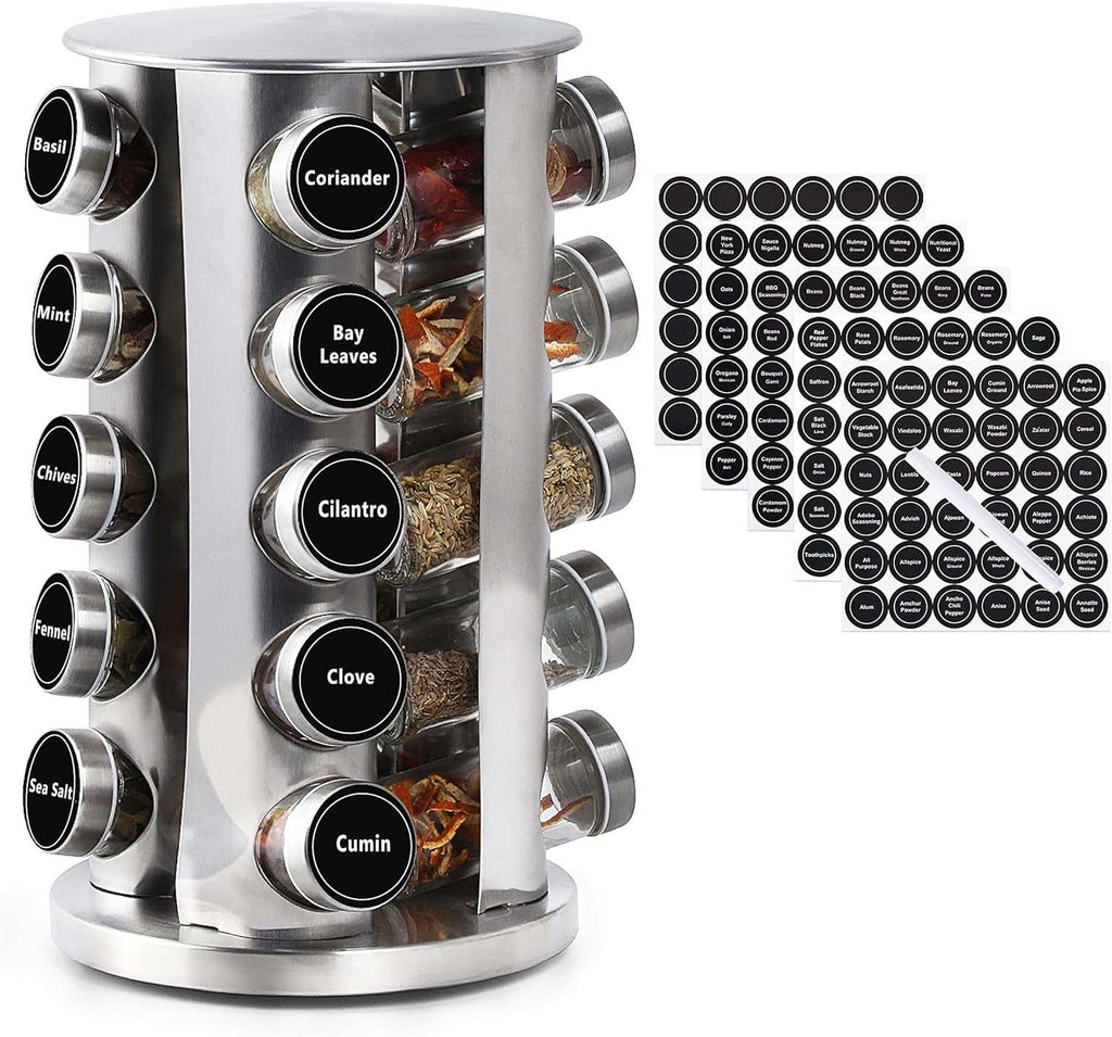 Revolving Spice Rack with 20 Jars, Rotating Spice Rack Organizer, Seasoning Organizer with Labels, Stainless Steel Spice Carousel for Kitchen Countertop, Cabinet