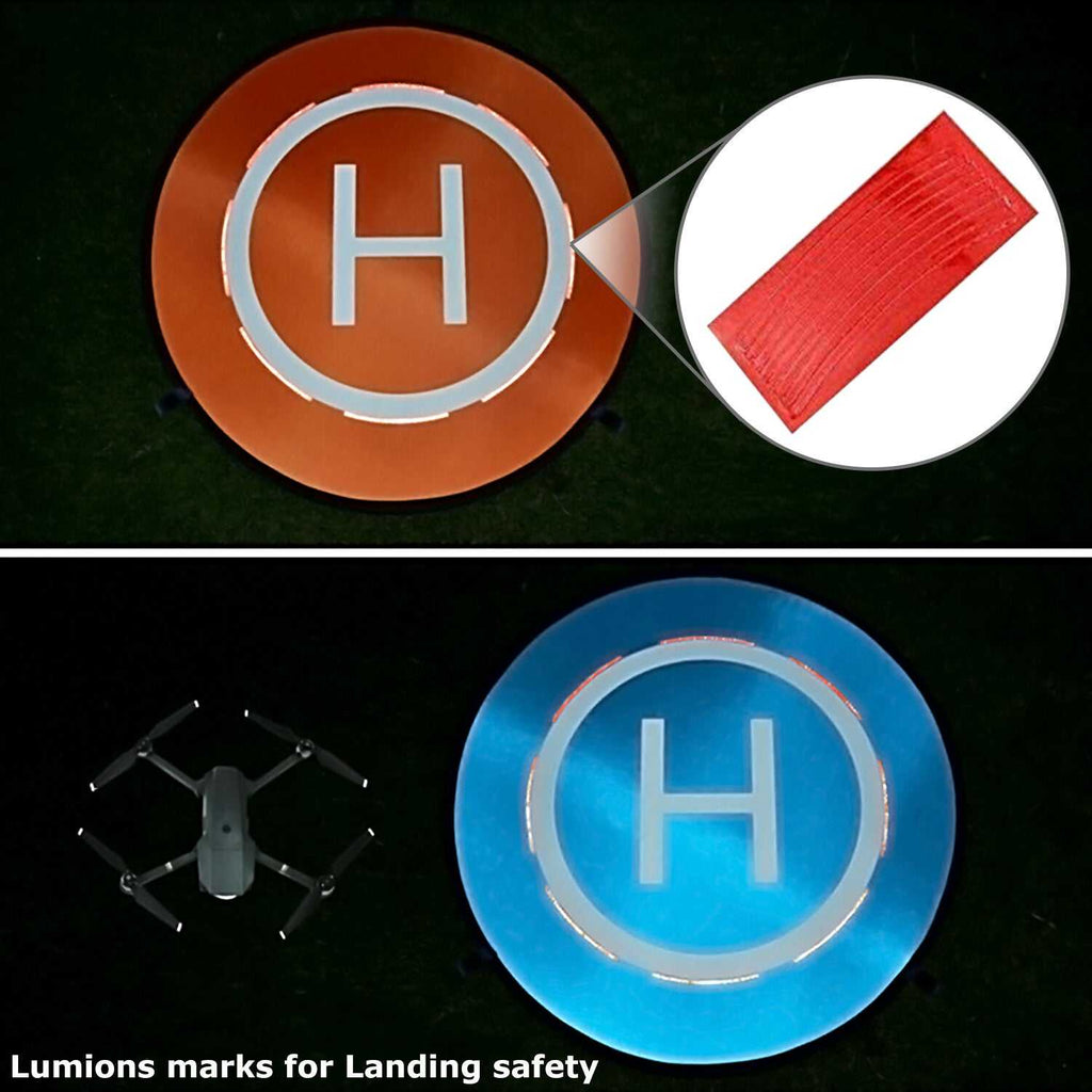 Orange and blue drone landing pad for DJI Mavic with reflective strips for day and night use