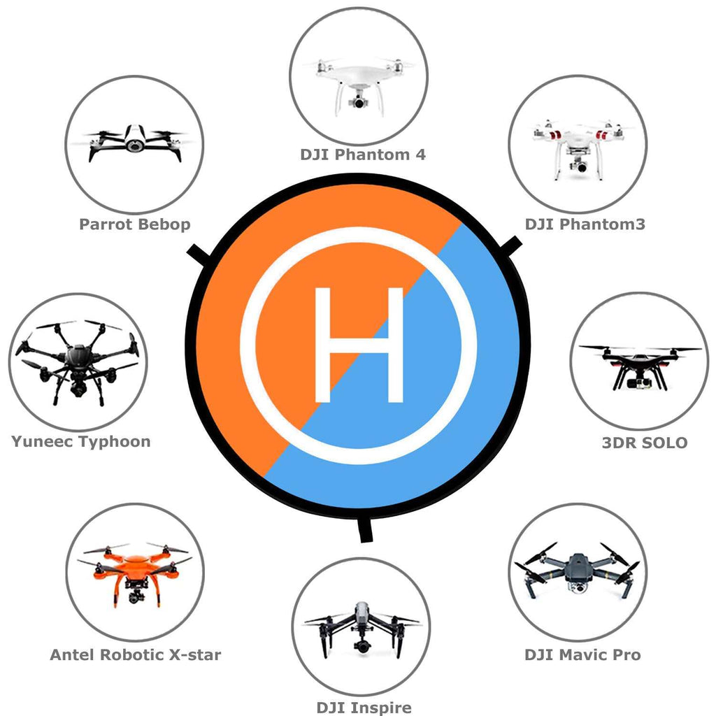 Orange and blue foldable drone landing pad with reflective strips for DJI Mavic and other drones