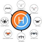 Orange and blue foldable drone landing pad with reflective strips for DJI Mavic and other drones