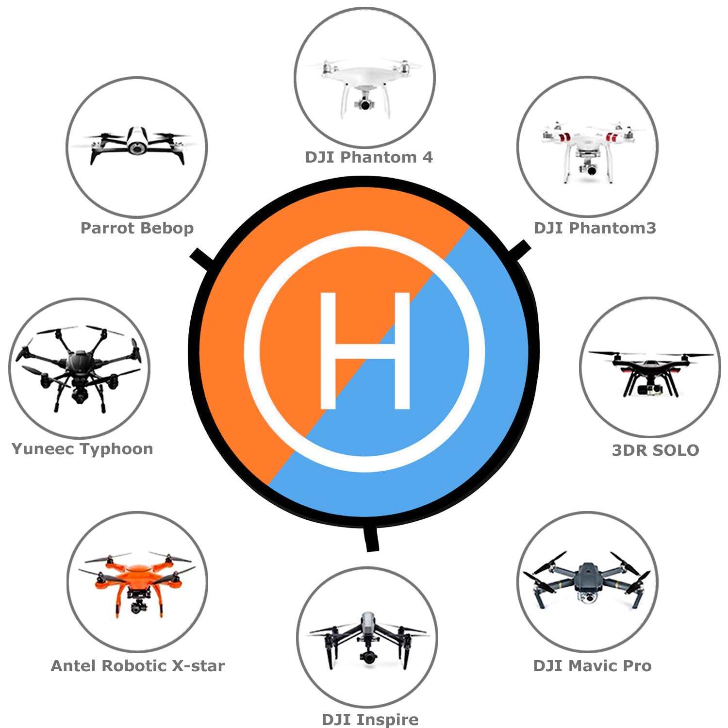 Orange and blue foldable drone landing pad with reflective strips for DJI Mavic and other drones