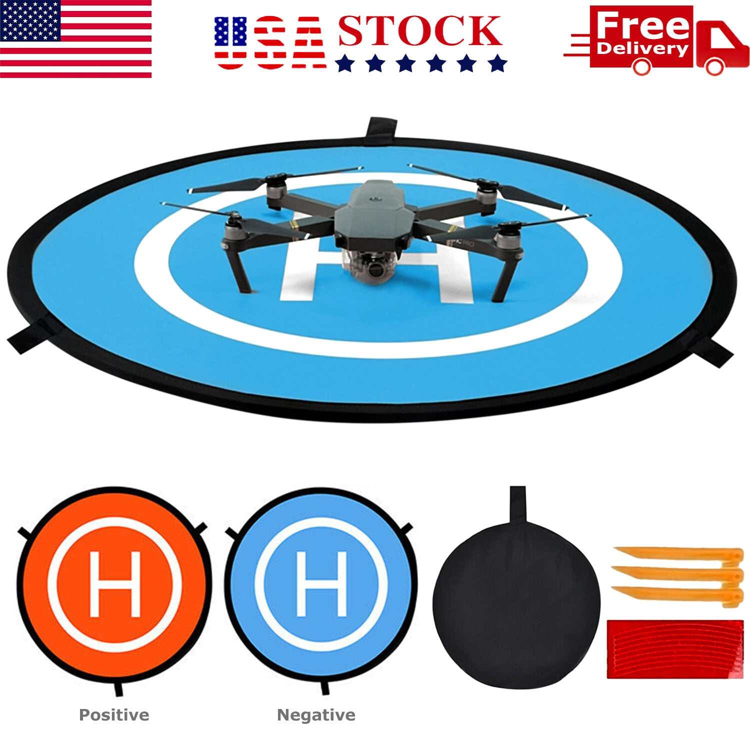 Orange and blue drone landing pad with reflective strips for night use, compatible with DJI Mavic Pro and other drones