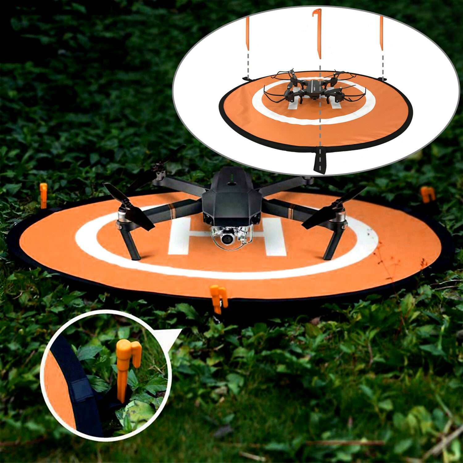 Orange and blue drone landing pad with reflective strips for DJI Mavic Pro and Zoom drones