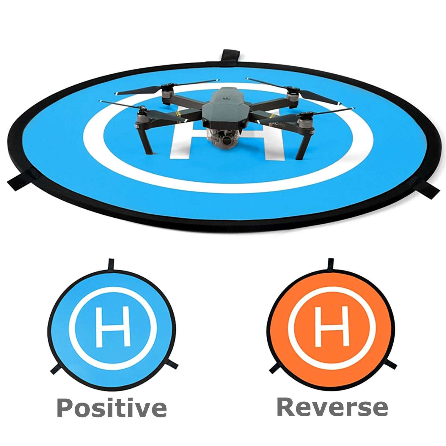 Orange and blue foldable drone landing pad with reflective strips for DJI Mavic and other drones